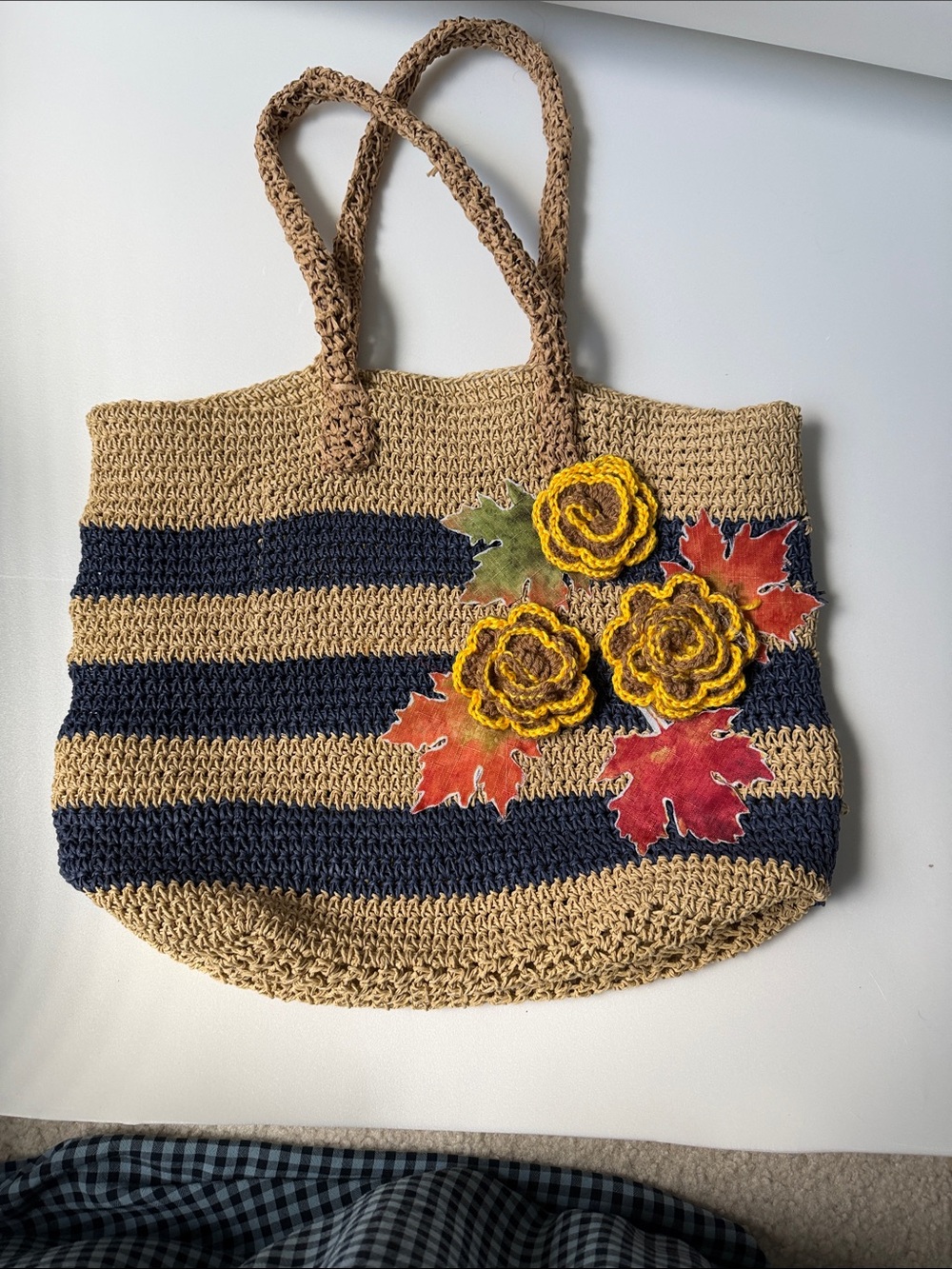 Beige and Navy Striped Crochet Tote with Yellow Floral Accents